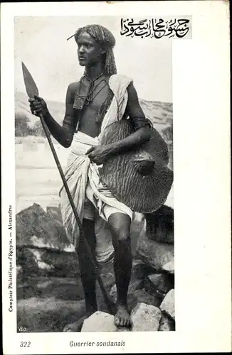 Ak Guerrier soudanais, Sudanesischer Krieger, Junger Mann mit Lanze und Schild