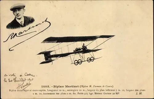 Ak Biplan Martinet, Henri Farman de Course, Aviateur, En plein vol, Pilot, Flugpionier