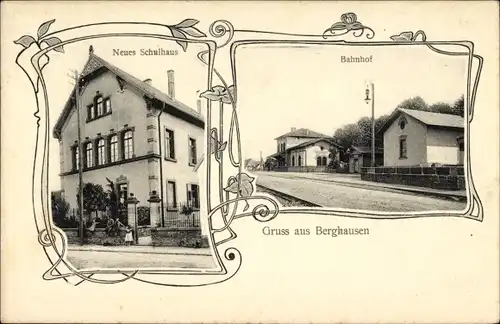 Passepartout Ak Berghausen Pfinztal, Bahnhof, Neues Schulhaus