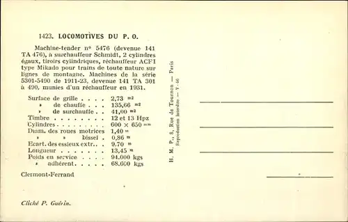 Ak Französische Eisenbahn, Locomotives du PO, Machine tender No. 5476