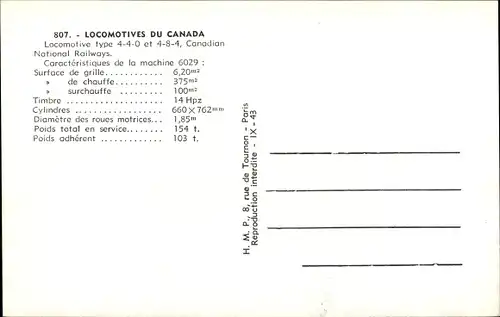 Ak Kanadische Eisenbahn, Dampflokomotive, Type 4-4-0 et 4-8-4, National Railways, Machine 289