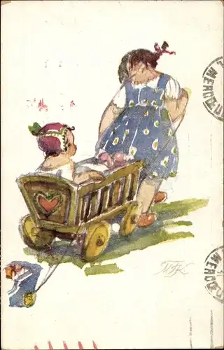 Künstler Ak Fiserova Kvechova, M., Nase deti, Zwei Kinder, Holzwagen, Tschechoslowakei