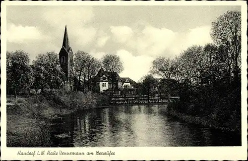 Ak Handorf Münster in Westfalen, Haus Vennemann am Weserufer mit Blick zur Kirche
