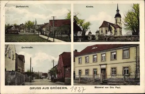 Ak Gröbern Niederau Sachsen, Dorfansicht, Kirche, Dorfstraße, Bäckerei Otto Paul