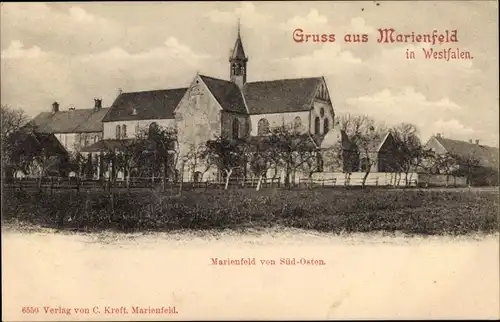 Ak Marienfeld Harsewinkel in Nordrhein Westfalen, Blick auf Ortschaft und Kirche von Süd Osten