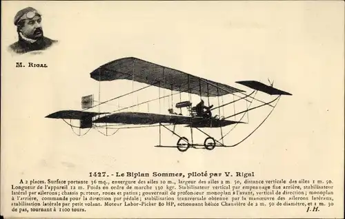 Ak Le Biplan Sommer, piloté par V. Rigal, Pilot, Flugpionier