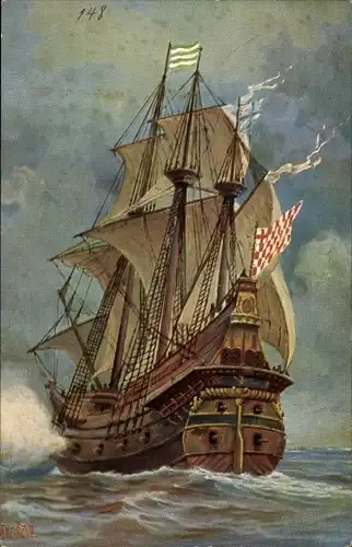 Künstler Ak Rave, Chr., Marine Galerie 148, Kriegsschiff, 16. Jahrhundert
