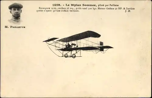 Ak Biplan Sommer, Piloté par Paillette, Pilot, Flugpionier