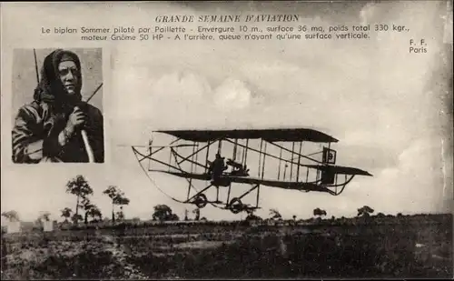 Ak Grande Semaine d'Aviation, Biplan Sommer piloté par Paillette, Pilot, Flugpionier
