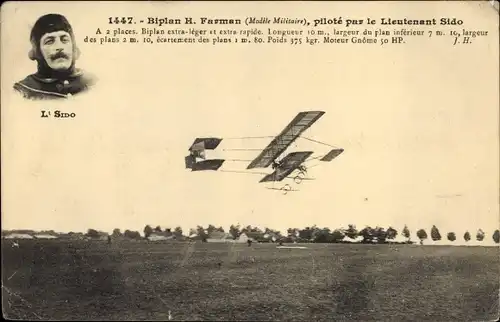 Ak Biplan H. Farman, Modèle Militaire, piloté par le Lieutenant Sido, Pilot, Flugpionier