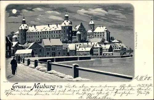 Mondschein Winter Litho Neuburg an der Donau Oberbayern, Schloss im Schnee, Winter