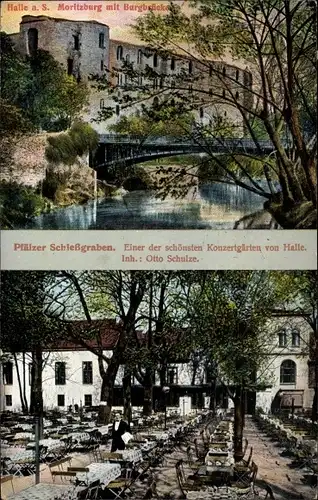 Ak Halle Saale, Gasthof Pfälzer Schießgraben, Inh. Otto Schulze, Moritzburg mit Burgbrücke