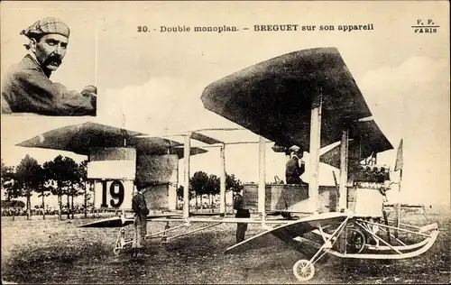 Ak Double monoplan, Breguet sur son appareil, Biplan, Pilot, Flugpionier