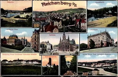 Ak Liberec Reichenberg Stadt, Talsperre, Gondelteich, Altstädter Platz, Rathaus, Sparkasse