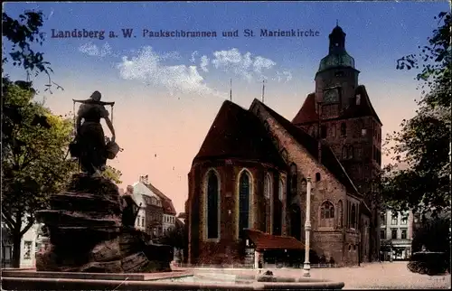 Ak Gorzów Wielkopolski Landsberg Warthe Ostbrandenburg, Paukschbrunnen und St. Marienkirche