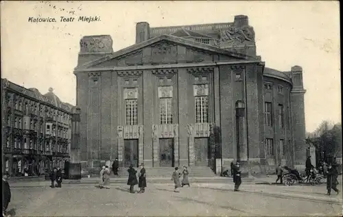 Ak Katowice Kattowitz Oberschlesien, Blick auf das Theater, Eingangsportal