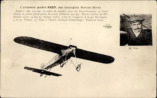 Ak L'Aviateur André Frey, Monoplan Morane Borel, Aéroplane, Pilot, Flugpionier