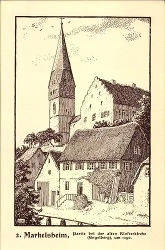 Künstler Ak Markelsheim Bad Mergentheim in Tauberfranken, Alte Klosterkirche um 1350, Engelberg