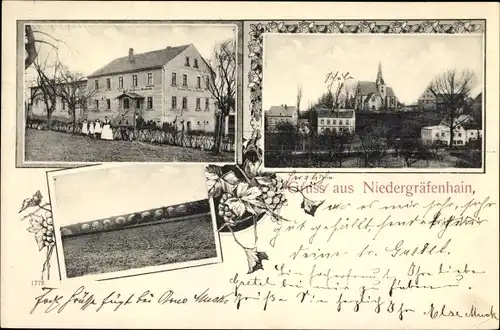 Ak Niedergräfenhain Geithain in Sachsen, Familie vor dem Gasthof, Schule und Kirche, Viadukt