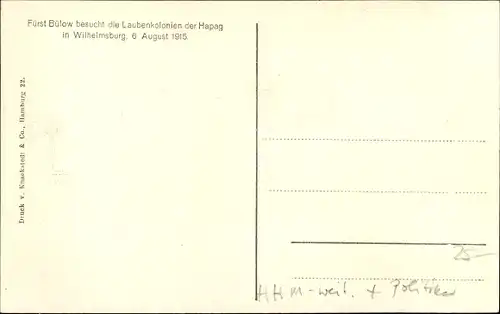 Ak Hamburg Wilhelmsburg, Fürst von Bülow besucht die Laubenkolonien der Hapag, 6. August 1915