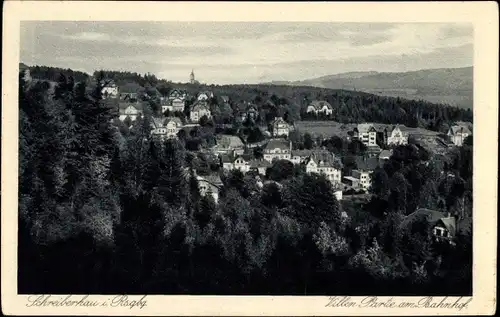 Ak Szklarska Poręba Schreiberhau Riesengebirge Schlesien, Villenpartie am Bahnhof