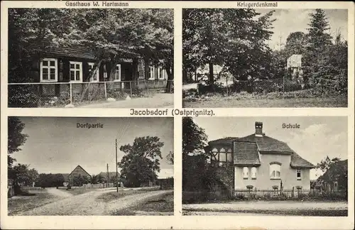 Ak Jacobsdorf Putlitz Brandenburg, Gasthaus W. Hartmann, Kriegerdenkmal, Dorfpartie, Schule