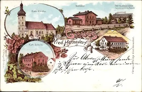 Litho Jasienica Dolna Niederhermsdorf Kr. Neiße Schlesien, Kirche, Schule, Bahnhof, Postamt