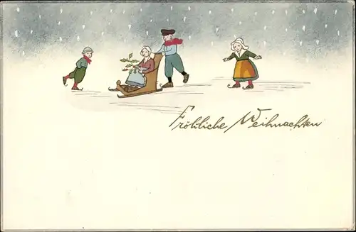 Ak Frohe Weihnachten, Familie mit Schlittschuhen und Schlitten auf dem Eis