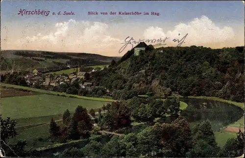 Ak Hirschberg Saale, Blick von der Kaiserhöhe im Hag, Panorama vom Ort, Wald