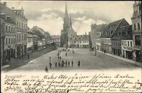 Ak Burgstädt in Sachsen, Blick über den Markt, Kirche, Passanten, Geschäft Eugen Ebstein