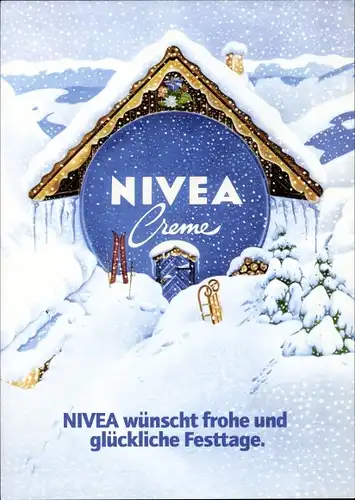 Künstler Ak Frohe Weihnachten, Werbung Nivea Creme, Skihütte in den Bergen, Winter