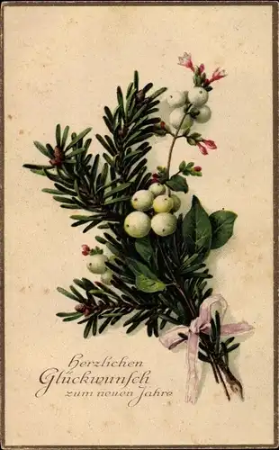 Ak Glückwunsch Neujahr, Tannengrün und Zweig mit Beeren