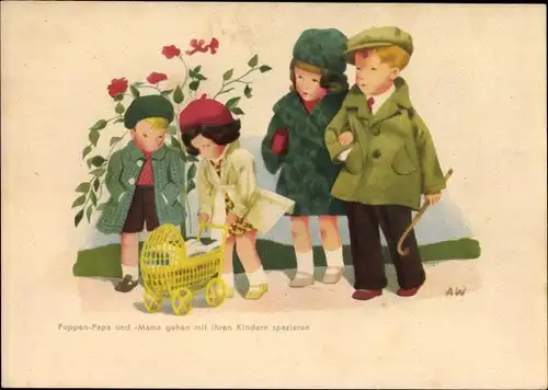 Künstler Ak Käthe Kruse Puppen, Puppenpapa und Mama gehen mit ihren Kindern spazieren, Puppenwagen