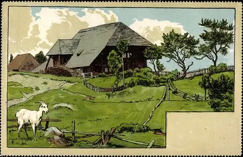 Künstler Ak Thoma, Hans, Ziege vor einem Bauernhaus