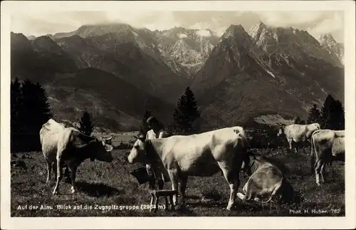 Ak Auf der Alm, Blick auf die Zugspitzgruppe, Kühe, Bäuerin mit Eimer