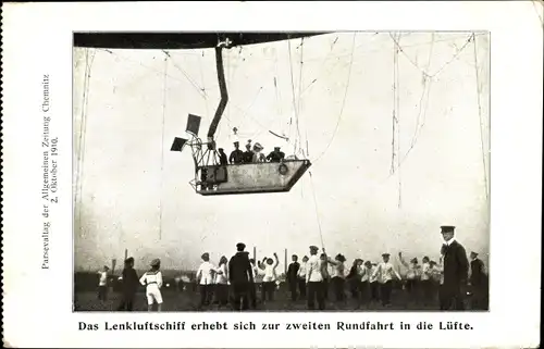 Ak Chemnitz Sachsen, Das Lenkluftschiff erhebt sich zur zweiten Rundfahrt in die Lüfte,Zeppelin,1910