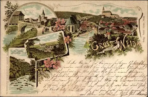 Litho Weida in Thüringen, Katzschtor, Restaurant Schöne Aussicht, Stadtpanorama