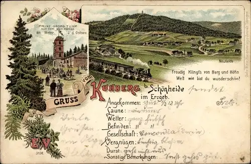 Litho Schönheide im Erzgebirge Sachsen, Neuheide, Prinz Georg Turm auf dem Kuhberg, Eisenbahn
