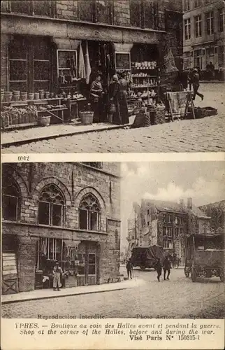 Ak Ypres Westflandern, Coin des Halles, Geschäft an der Straßenecke vor und während dem Krieg, I. WK