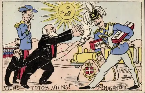 Ak Émile Loubet, König Viktor Emanuel III. von Italien, Macaroni, Karikatur, Viens Totor, viens