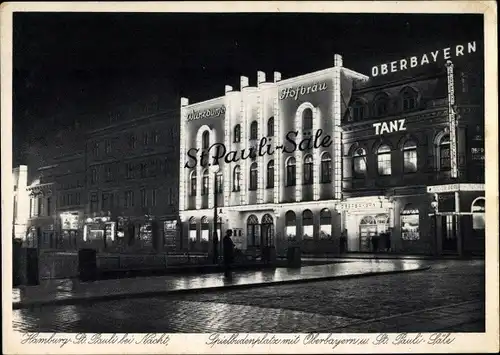 Ak Hamburg Mitte St. Pauli, Spielbudenplatz mit Wilhelm Meyer´s Oberbayern und St. Pauli Säle, Nacht