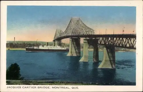 Ak Montreal Québec Kanada, Jacques Cartier Bridge, Blick auf Brücke und Dampfer