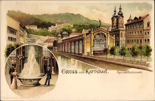 Litho Karlovy Vary Karlsbad Stadt, Sprudelkolonnade, Kurgäste am Sprudel