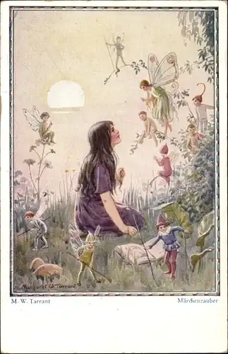 Künstler Ak Tarrant, Margaret W., Märchenzauber, Mädchen bei Sonnenuntergang mit Elfen, Feen