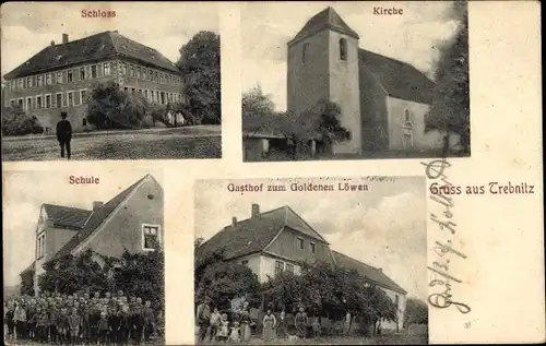 Ak Trebnitz Könnern im Salzlandkreis, Kirche, Schloss, Gasthof zum Goldenen Löwen, Schule