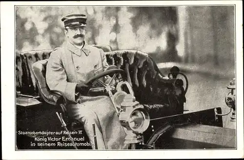 Ak Staatsoberhäupter auf Reisen, König Victor Emanuel in seinem Reiseautomobil