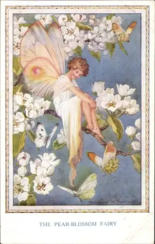 Künstler Ak Tarrant, Margaret W., The Pear Blossom Fairy, Fee im blühenden Birnenbaum, Schmetterling