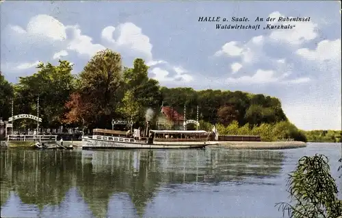 Ak Böllberg Wörmlitz Halle an der Saale, An der Rabeninsel, Waldwirtschaft Kurzhals, Salondampfer