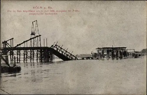 Ak Köln am Rhein, Im Bau begriffene eingestürzte Südbrücke, 9. Juli 1908