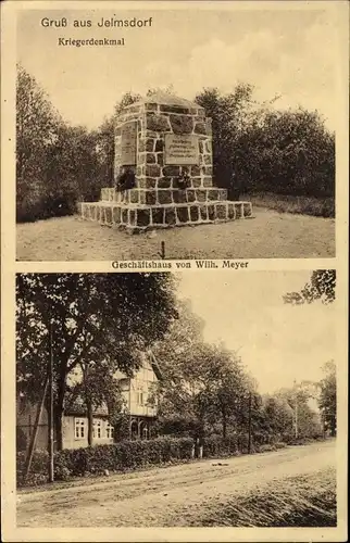 Ak Jelmsdorf in der Lüneburger Heide, Kriegerdenkmal, Geschäftshaus von Wilh. Meyer